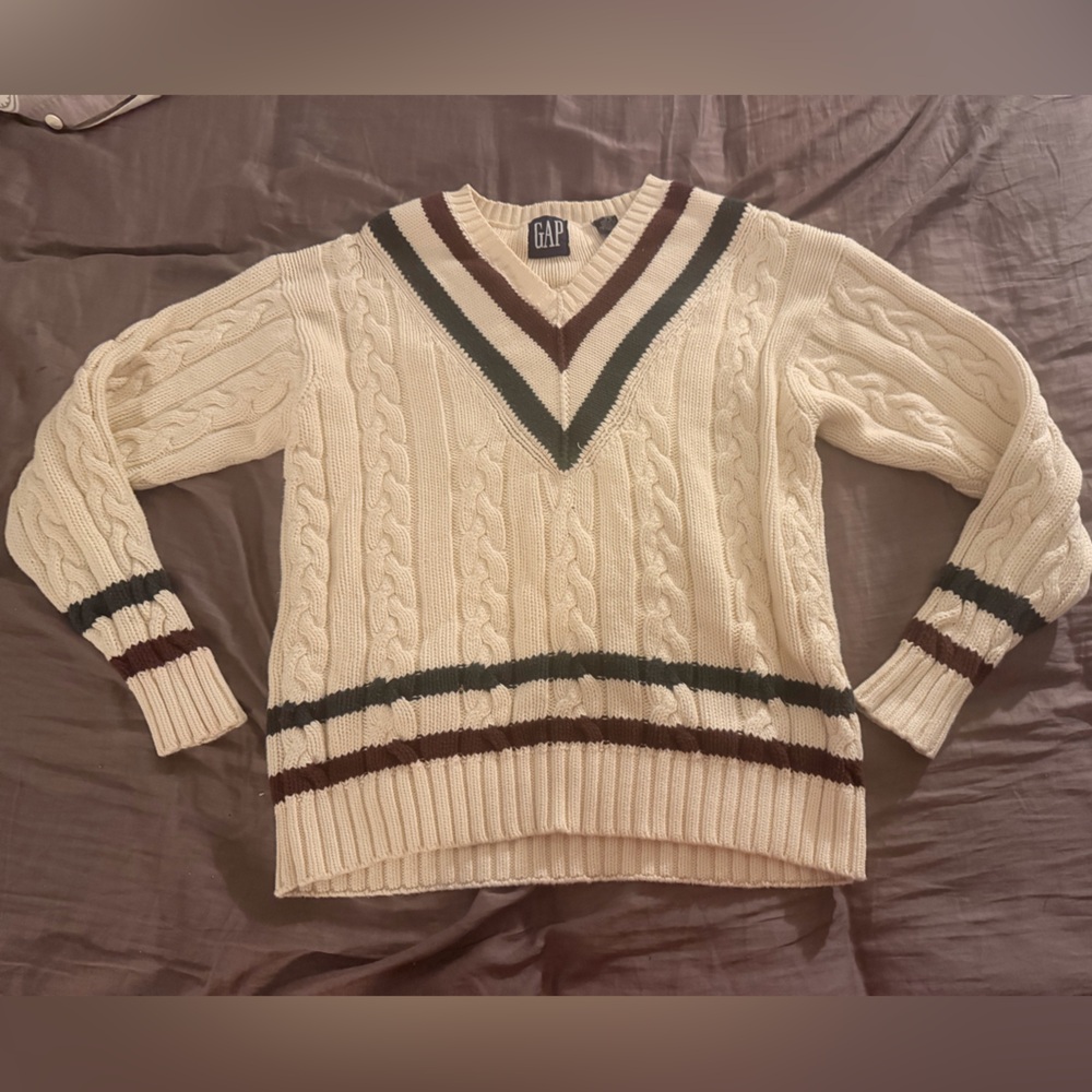 GAP V-Neck Cable Knit Sweater - Cream, Green, and Brown